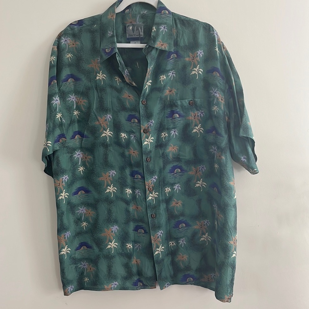 Silk Traders Green‎ Hawaiian Palm Tree 100% silk button shirt sz M Men’s vintage